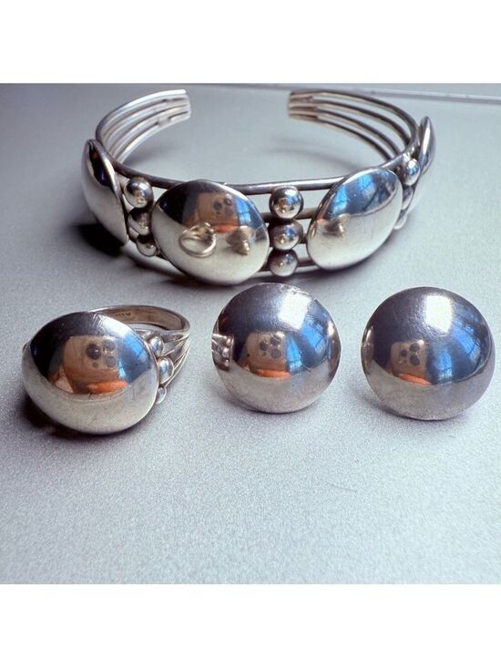 Jewelry - Navajo Modernist Gilbert Gomez Sterling Silver Bracelet, Ring, Earrings Set VTG